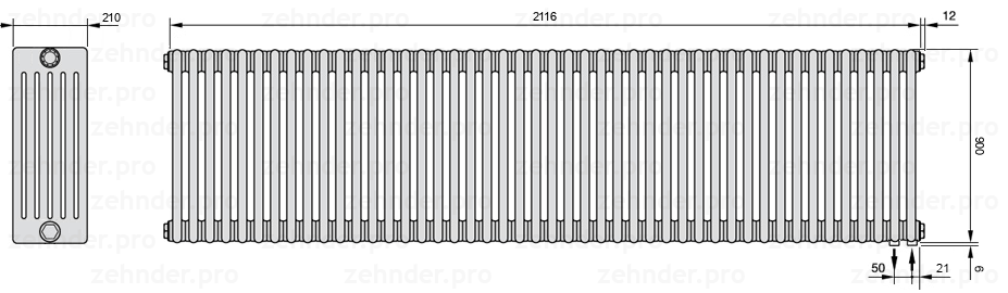Схема (чертеж) Радиатор Zehnder Charleston 6090/46 №5510 Белый глянцевый RAL 9016